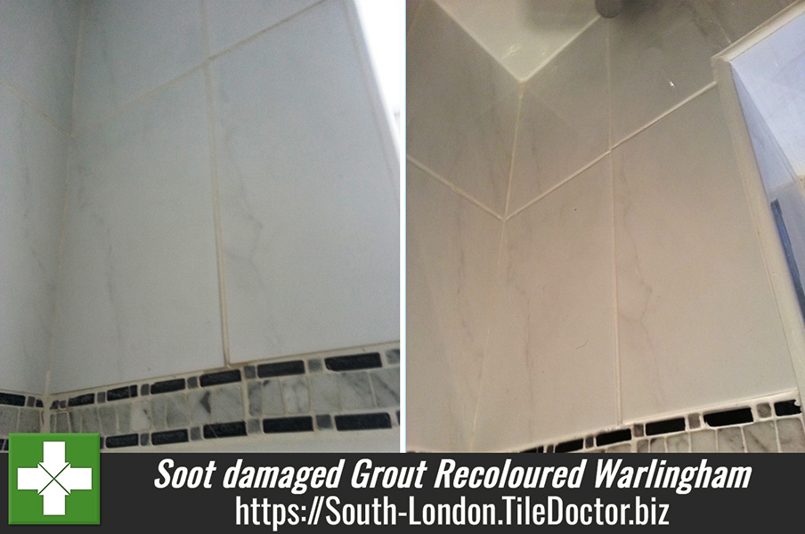 Soot damaged Grout cleaned and re-coloured in Warlingham