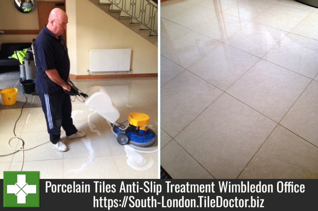 Applying Anti Slip Treatment to Porcelain tiles in Wimbledon Office