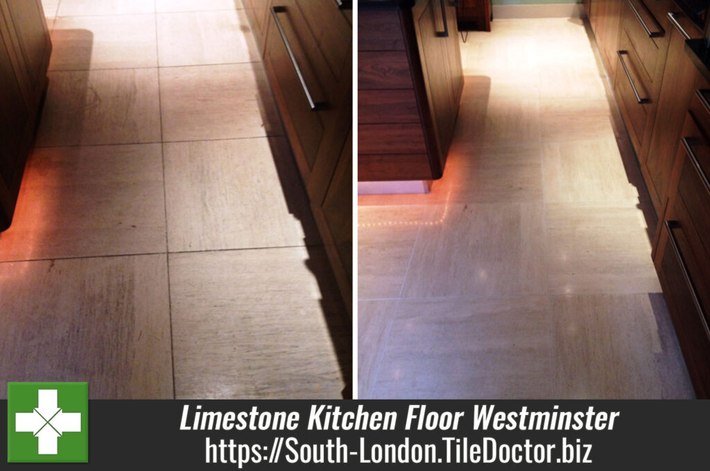 Limestone Kitchen and Hallway floor Cleaned and Sealed in Westminster