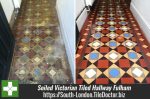 Heavily Soiled Victorian Tiled Hallway Restored in Fulham