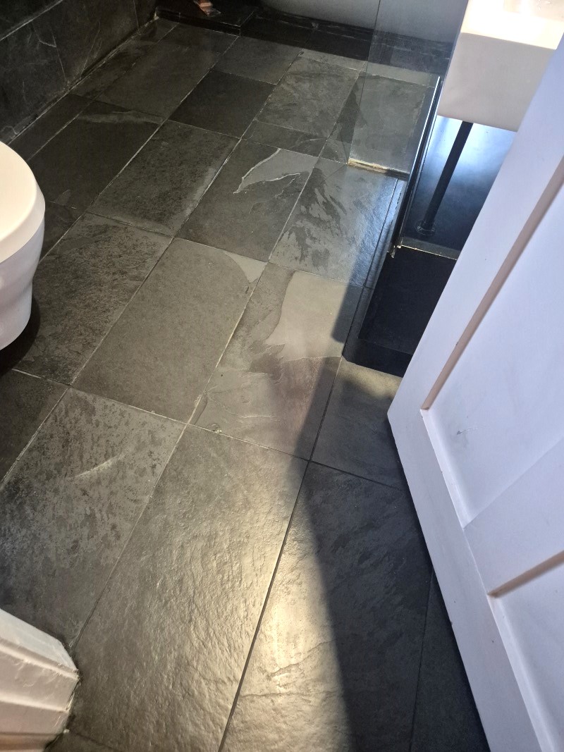 Limescale Stained Slate Tiled Bathroom Floor After Renovation Wimbledon
