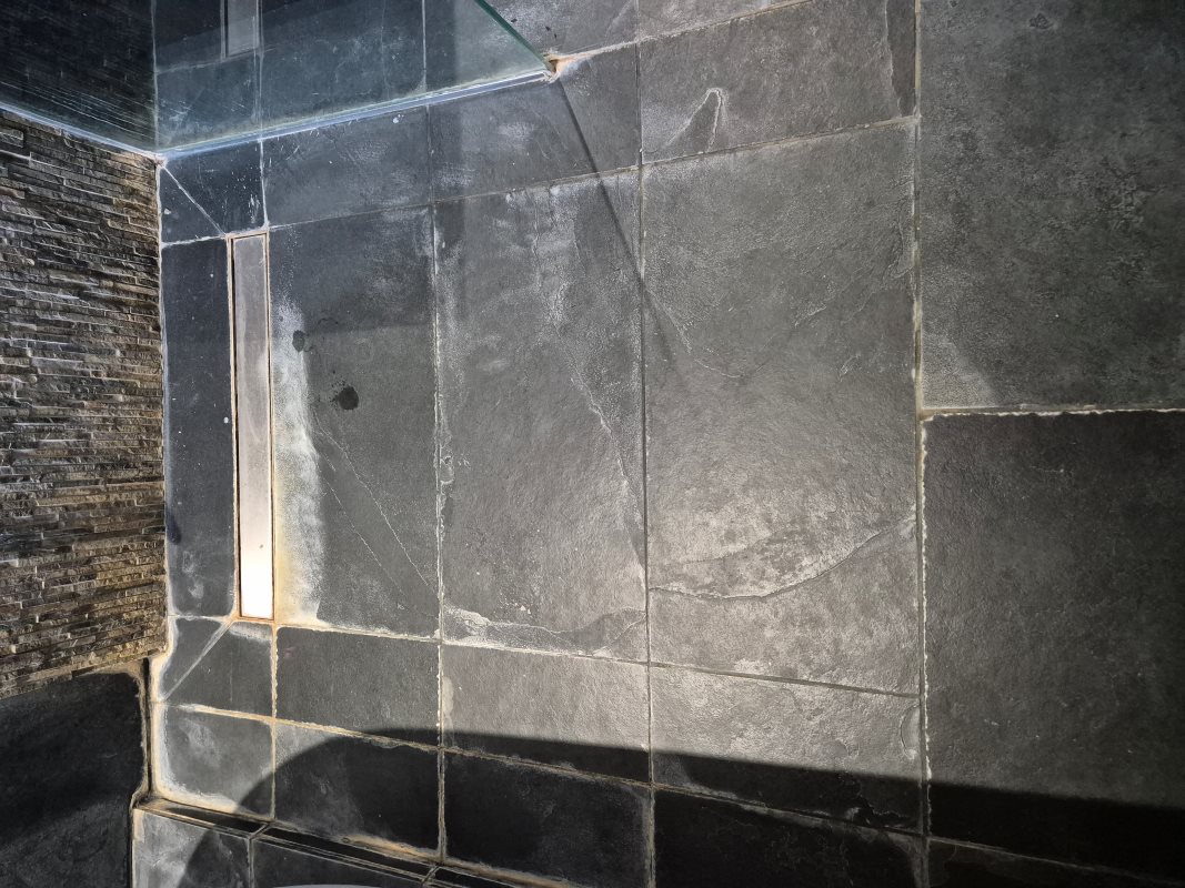 Limescale Stained Slate Tiled Bathroom Floor Before Cleaning Wimbledon